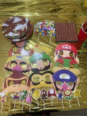 Super Mario Themed Party Mask & Cupcake Topper Set - Red, Green, Purple